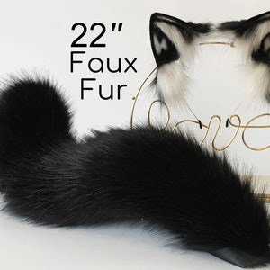 Black faux fur fox ear and tail curved wolf tail and ear cat tail and ear kitten ear and tail set anime cosplay ear and tail petplay