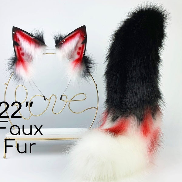 wolf ear and tail set realistic faux fur fox ear and tail set anime cosplay tail and ear set petplay cat ear and tail plug red black white