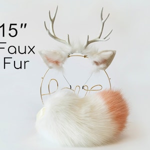 white faux fur deer ear and tail set faux fur deer ear headband anime cosplay ear neko ear and tail animal ear and tail fawn ear and tail