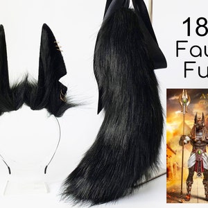 Realistic faux fur anubis wolf ear and tail set black faux fur ear costume wolf tail and ear headband cosplay ear furry ear and tail lolita