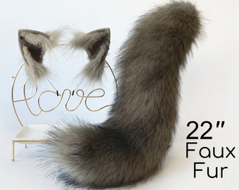 22 in Gray Fox Tail Fox Ear Set Wolf Tail Wolf Ear Anime Cosplay Lolita Halloween Gift Cat Tail Plug Cat Ear Headband Animal Cosplay -Mature