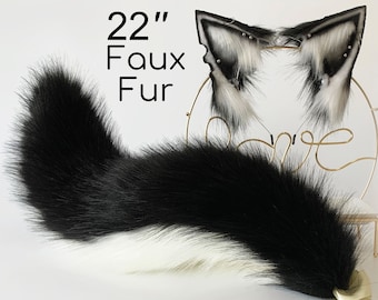 black white Faux fur fox ear and tail curved wolf tail and ear cat tail and ear kitten ear and tail set loona cosplay ear and tail petplay