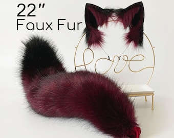 22 in Costume faux fur fox ear and tail curved wolf tail and ear cat tail and ear kitten ear and tail set anime cosplay ear and tail petplay