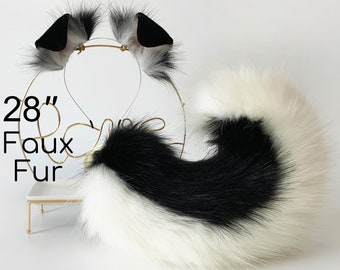 black white shepherd dog tail and ear set dog ear and tail set animal cosplay petplay puppy ear and tail set faux fur puppy tail halloween