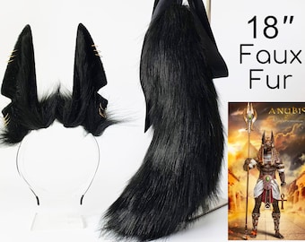 Realistic faux fur anubis wolf ear and tail set black faux fur ear costume wolf tail and ear headband cosplay ear furry ear and tail lolita