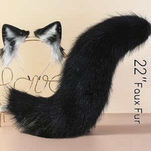 Zwarte nepbont vos oor en staart gebogen wolvenstaart en oor kattenstaart en oor kitten oor en staart set anime cosplay oor en staart petplay