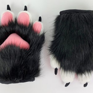 zwart wit roze kattenpoten handschoenen realistische faux fur pluizige kitten fursuit poten kitty cosplay fursuit poten handschoenen handpaws bont poten met klauw