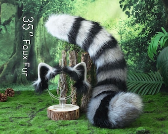 Raccoon ear and tail kemonomimi realistic faux fur gray black raccoon ear and tail therian anime cosplay raccoon ear and tail furry gift