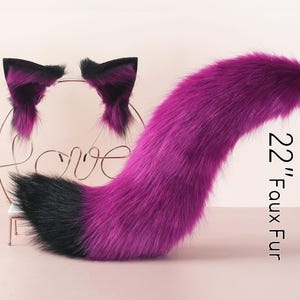 Paars zwart nepbont vos oor en staart gebogen wolf staart en oor kattenstaart en oor kitten oor en staart set anime cosplay oor en staart petplay