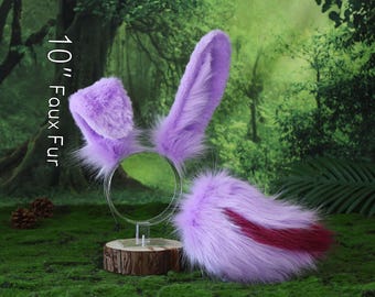 Purple bunny ear and tail realistic faux fur bendable bunny ear headband furry anime cosplay rabbit ear and tail kemonomimi bunny therian