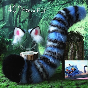 Realistic faux fur derpy tiger ear and tail set blue black white stripes derpy tiger tail and ear kpop demon hunters cosplay ears and tail