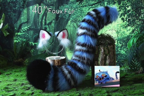 Realistic faux fur derpy tiger ear and tail set blue black white stripes derpy tiger tail and ear kpop demon hunters cosplay ears and tail