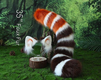Oreja y cola de panda rojo de piel sintética realista, kemonomimi, oreja y cola de panda menor, firefoxtherian, anime cosplay, oreja y cola de mapache, regalo peludo