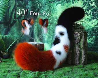 Conjunto de orejas y cola de leopardo de las nieves de piel sintética para juego de rol, cosplay de leopardo de las nieves realista, orejas y cola de jaguar, jaguar Kemonomimi, leopardo peludo Therian