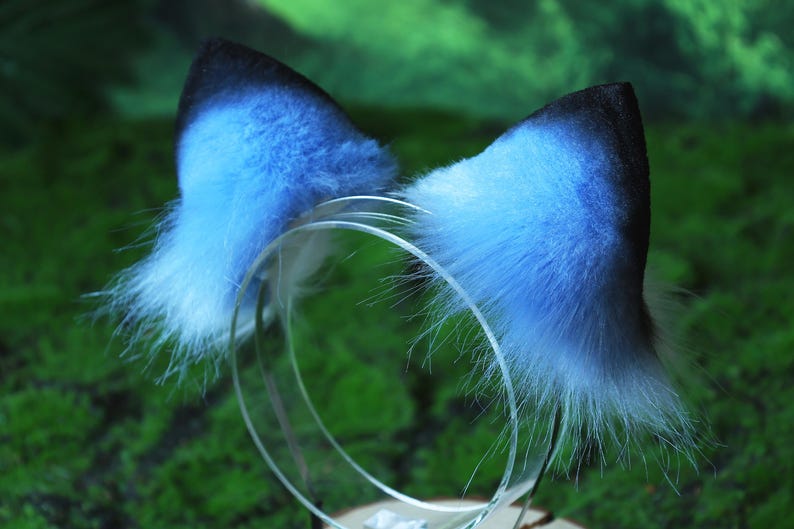 May include: A pair of blue and black faux fur cat ears attached to a clear plastic headband. The ears are fluffy with a gradient effect, transitioning from blue to black at the tips. The headband is thin and transparent.