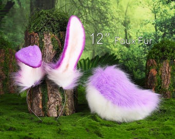Realistic purple faux fur bunny ear and tail set bendable bunny ear cosplay rabbit ear and tail neko ear petplay ear bunnyplay anime cosplay