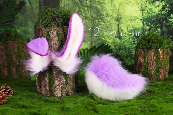 Realistic Purple Faux Fur Bunny Ear and Tail Set Bendable  display picture 1