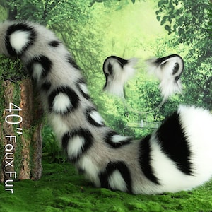Realistic Gray White Faux fur Snow Leopard Ear and Tail Set Role Play Snow Leopard Cosplay Ear and Tail Kemonomimi Christmas Gift