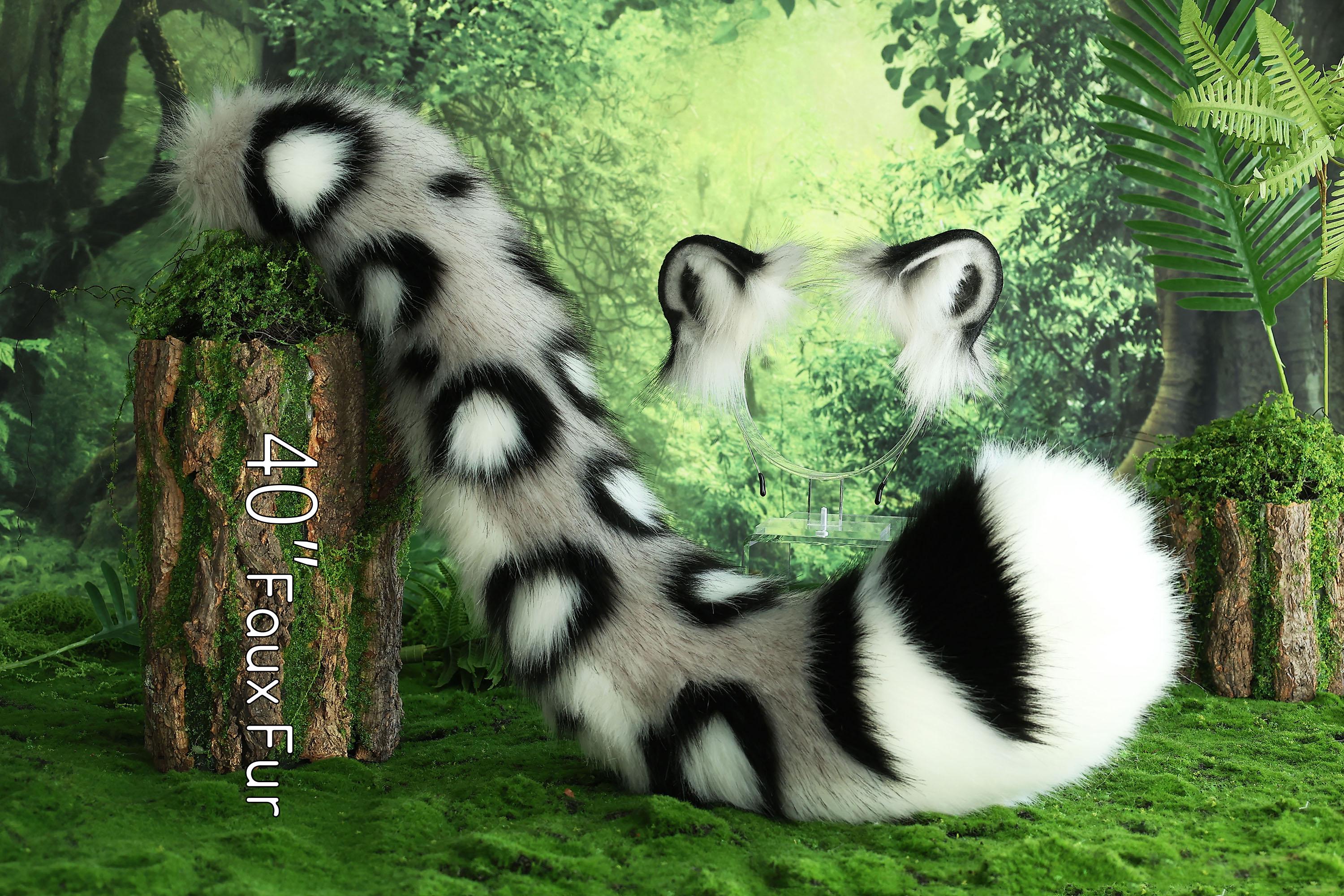 Realistic Gray White Faux Fur Snow Leopard Ear and Tail Set