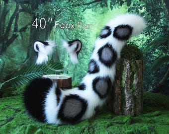 Conjunto de orejas y cola de leopardo de las nieves de piel sintética para juego de rol, cosplay de leopardo de las nieves realista, orejas y cola de jaguar, kemonomimi, jaguar, therian, regalo de Halloween