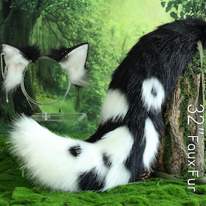 Wit zwart nepbont vos oor en staart gebogen wolf staart en oor kattenstaart en oor kitten oor en staart set anime cosplay rollenspel oor en staart