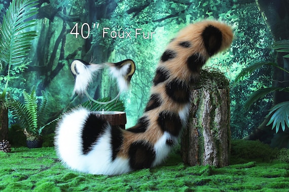 Brown Black Faux Fur Cheetch Ear and Tail Set Role Play Realistic Snow Leopard Ears and Tail Cosplay Jaguar Ear and Tail Kemonomimi Therian
