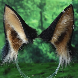 May include: A pair of faux fur animal ears on a clear headband. The ears are black with tan and brown fur on the inside. Silver-colored hoops are attached to the tips of the ears. The background is a blurred green.
