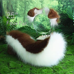 Conjunto de orejas y cola de perro pastor marrón y blanco, orejas y cola de perro Shiba Inu, orejas y cola de cachorro para cosplay, orejas de cachorro kemonomimi para jugar.