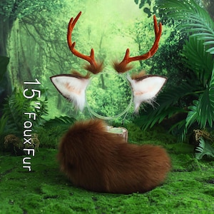 Faux fur deer ear and tail set kemonomimi deer ear headband antlers ear elk ear and tail anime cosplay fawn ear and tail furry deer therian