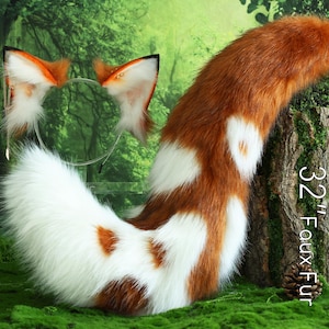 May include: A 32-inch long faux fur tail with white and orange patches. The tail is made of soft, fluffy fur and is perfect for adding a touch of whimsy to any costume or outfit.
