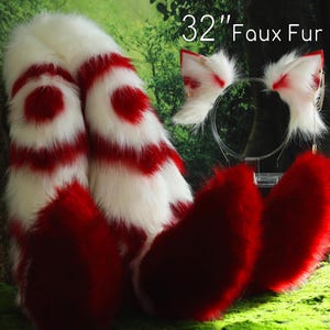 Kunstpelz 3 tailed Kitsune Schwanz und Ohr Set rot weiß 3 Fuchs Schwänze und Ohren Kätzchen Ohr und Schwanz set Wolf Ohr und Schwanz Anime Cosplay Rollenspiel