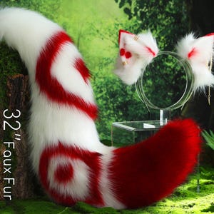 Conjunto de orejas y cola de zorro de piel sintética con costuras rojas y blancas, orejas y cola de lobo curvadas, orejas y cola de gato, orejas y cola de gatito, cosplay de anime para juego de rol