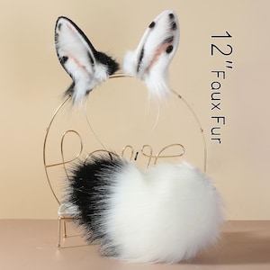 Spotted faux fur bunny ear and tail set rabbit ear and tail set bunny cosplay tail and ear set neko ear petplay ear and tail set halloween
