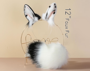Spotted faux fur bunny ear and tail set rabbit ear and tail set bunny cosplay tail and ear set neko ear petplay ear and tail set halloween