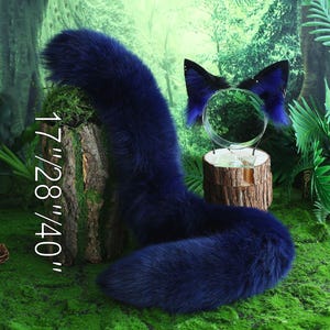 May include: A blue faux fur tail with a matching blue cat ear headband. The tail is 17/28/40 inches long. The headband has a clear plastic hoop and is decorated with faux fur.