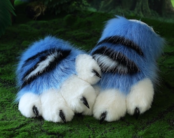 Faux fur derpy tiger cosplay paws blue black white stripes derpy tiger paws gloves kpop demon hunters cosplay paws with claw fursuit handpaw