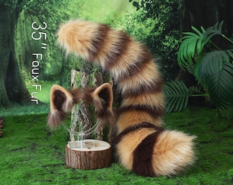 リアルなフェイクファーのレッサーパンダの耳と尻尾、ケモノミミのレッサーパンダの耳と尻尾、ファイヤーフォックステリアのアニメコスプレ、アライグマの耳と尻尾、ファーリーギフト