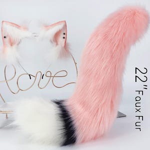 Pink faux fur fox ear and tail curved wolf tail and ear cat tail and ear kitten ear and tail set anime cosplay ear and tail petplay