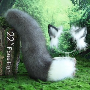 Grijs witte vos oor en staart harig namaakbont gebogen wolf staart en oor kattenstaart en oor kitten petplay fox kemonomimi wolf oor anime cosplay