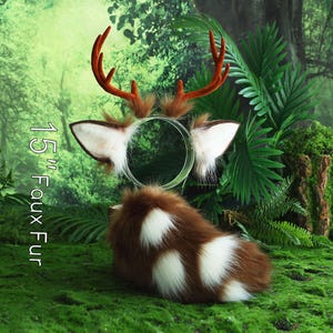 Brown faux fur sika deer ear and tail set deer ear headband  anime cosplay ear and tail deer kemonomimi fawn ear and tail kemonomimi
