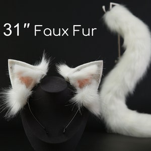 Conjunto de orejas y cola de gatito blanco realistas, diadema con orejas de gato, conjunto de orejas y cola de gato, regalo de Halloween para gatitos, anime