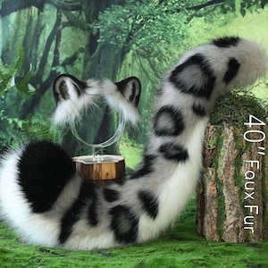 Realistic Gray Black Faux fur Snow Leopard Ear and Tail Set Role Play Snow Leopard Cosplay Ear and Tail Kemonomimi Christmas Gift