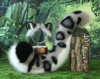 Realistic Gray Black Faux fur Snow Leopard Ear and Tail Set Role Play Snow Leopard Cosplay Ear and Tail Kemonomimi Christmas Gift