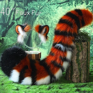 Realistic faux fur caspian tiger ear and tail set tiger tail and ear therian tiger petplay animal cosplay tail and ear tiger kemonomimi ears