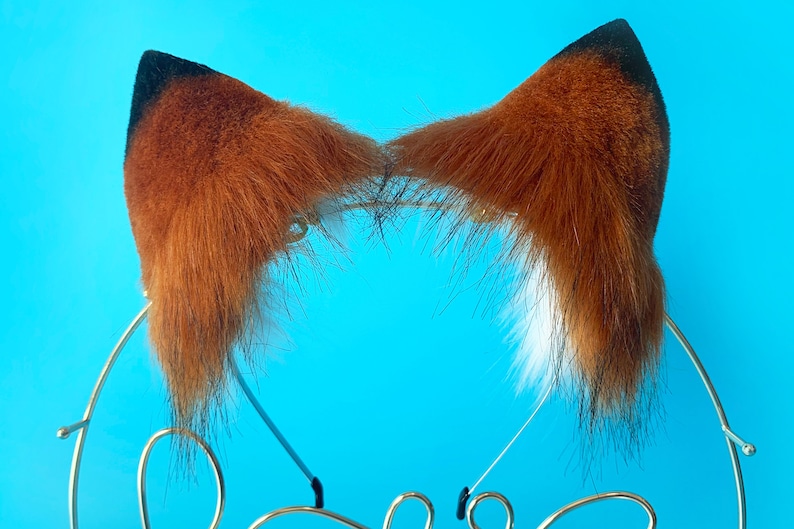 Puede incluir: Una diadema con orejas de zorro de piel marr&oacute;n y puntas blancas. La diadema es de metal y est&aacute; sobre un fondo azul.