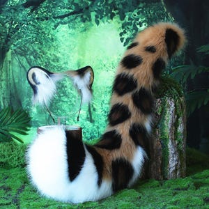 May include: A brown, black, and white faux fur tail with a matching headband featuring cat ears. The tail is curled up and the headband is on a stand. The background is a green forest.