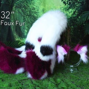 Faux fur 3 tailed kitsune tail and ear set purple white 3 fox tails and ears kitten ear and tail wolf ear and tail anime cosplay role play