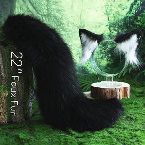 Zwarte nepbont vos oor en staart gebogen wolvenstaart en oor kattenstaart en oor kitten oor en staart set anime cosplay oor en staart petplay