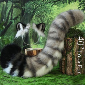 Tiger ear and tail set realistic gray faux fur tiger tail and ear therian tiger petplay animal cosplay tail and ear tiger kemonomimi ears