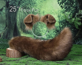 May include: A brown faux fur animal ear headband and a 25 inch long brown faux fur tail. The headband features two rounded, upright ears with soft, dense brown fur. The long, thick tail is made of matching brown faux fur material.
